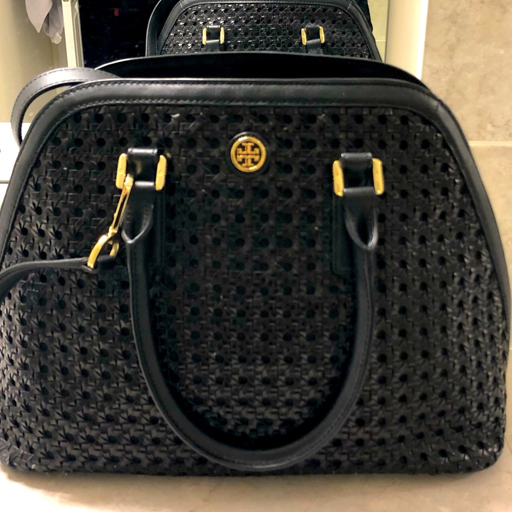 Tory Burch Robinson Woven Reva Dome Open Basket Black Leather Satchel